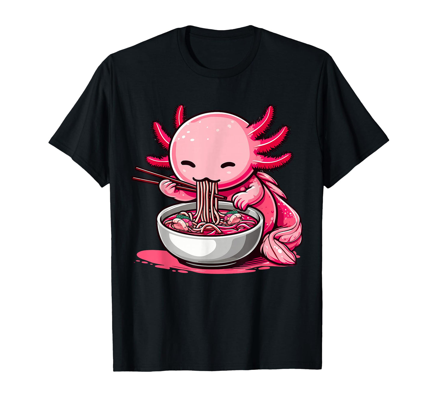 Funny Axolotl Noodle Gifts Anime Kawaii Axolotl Eating Ramen Noodles Unisex Kids Teen Adult T-Shirt Black Small