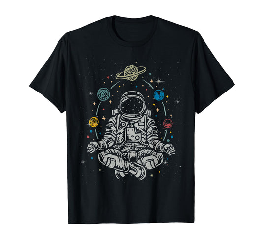 Vintage Lotus Meditating Astronaut Zen Yoga Planets Universe T-Shirt