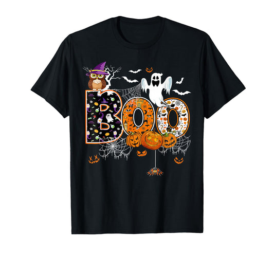 Boo Creepy Owl Pumpkin Ghost Halloween Men Women Kids T-Shirt