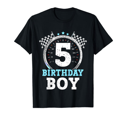 Kids 5th Birthday Boy 5 Race Car Fifth Birthday Racing Car Flag T-Shirt
