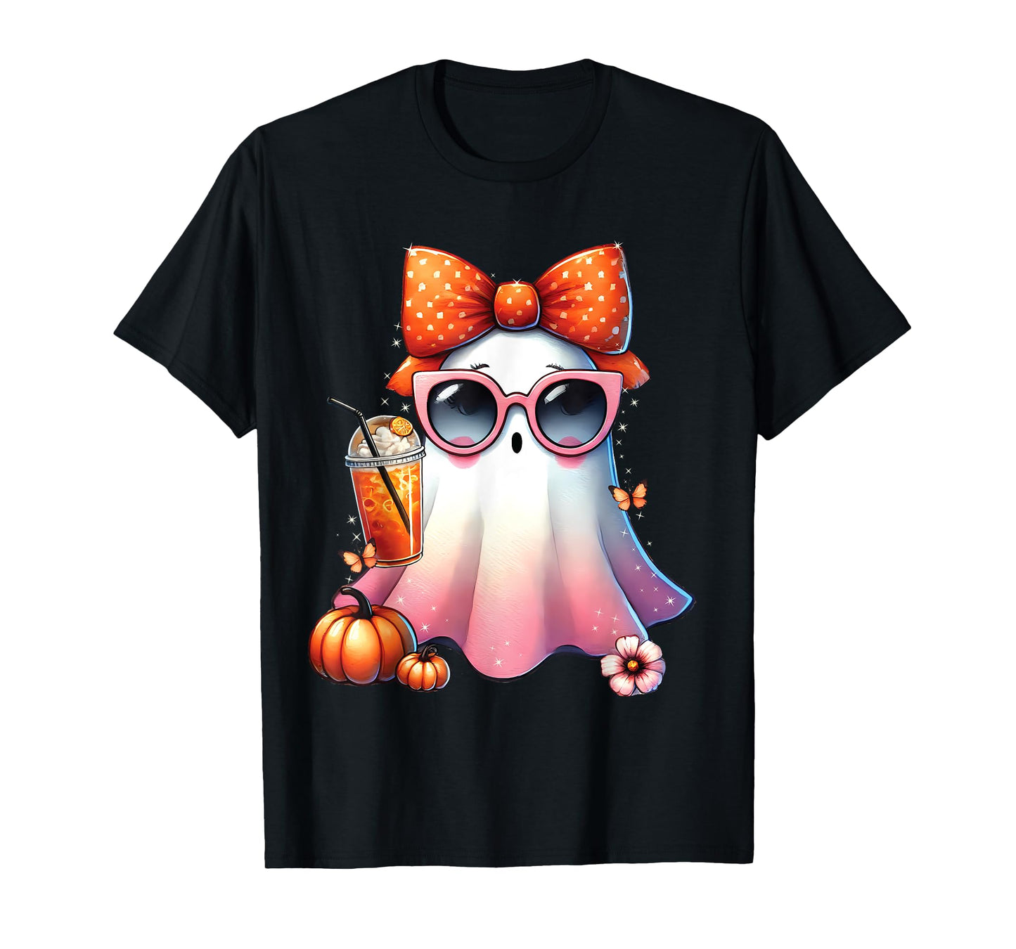 Cute Ghost Drinking Coffee With Halloween Bow Women Girls T-Shirt
