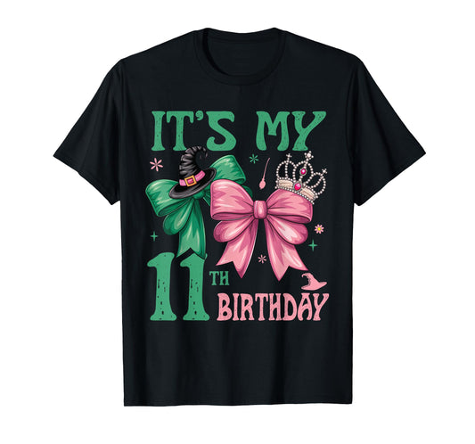 Birthday Girl It's My 11th Birthday Witch Pink And Green T-Shirt