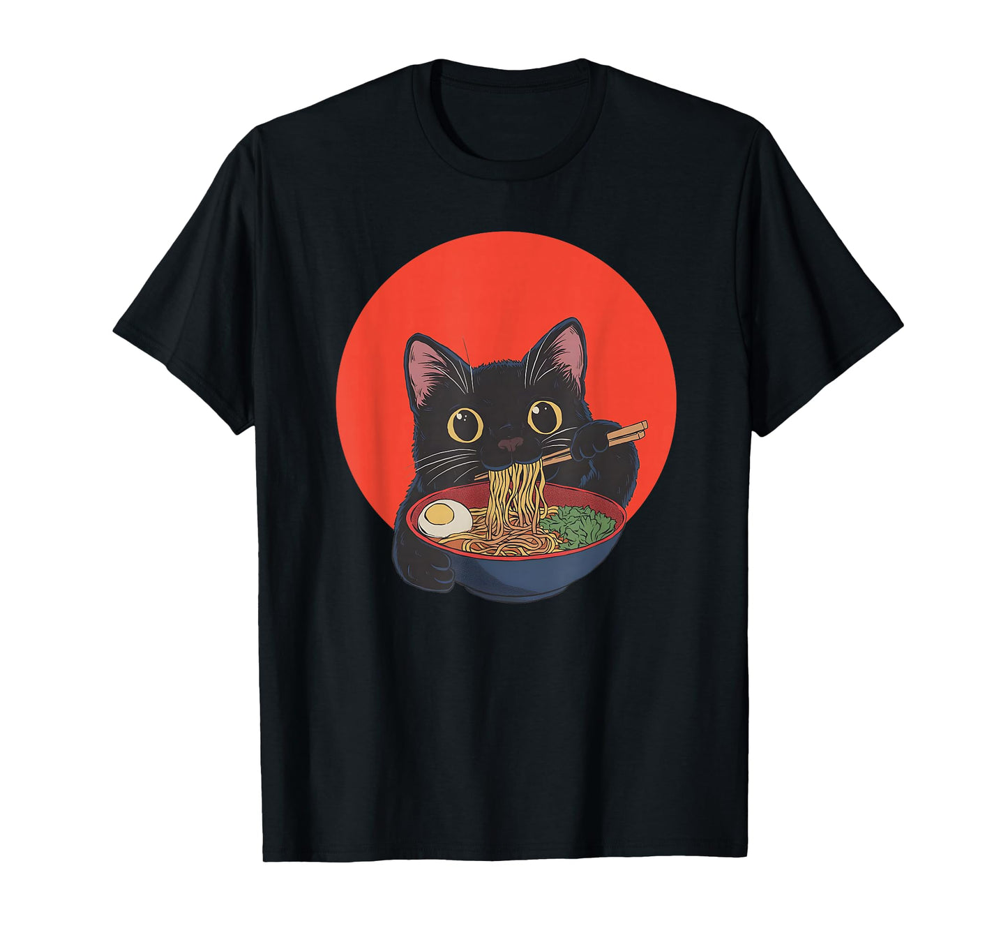 Black Cat Eating Ramen Funny Japanese Tee Men Women Teens T-Shirt