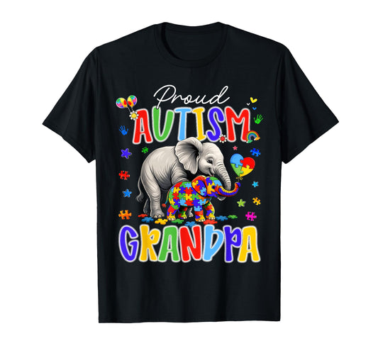 Autism Awareness Proud Autism Grandpa Puzzle Elephant Family T-Shirt