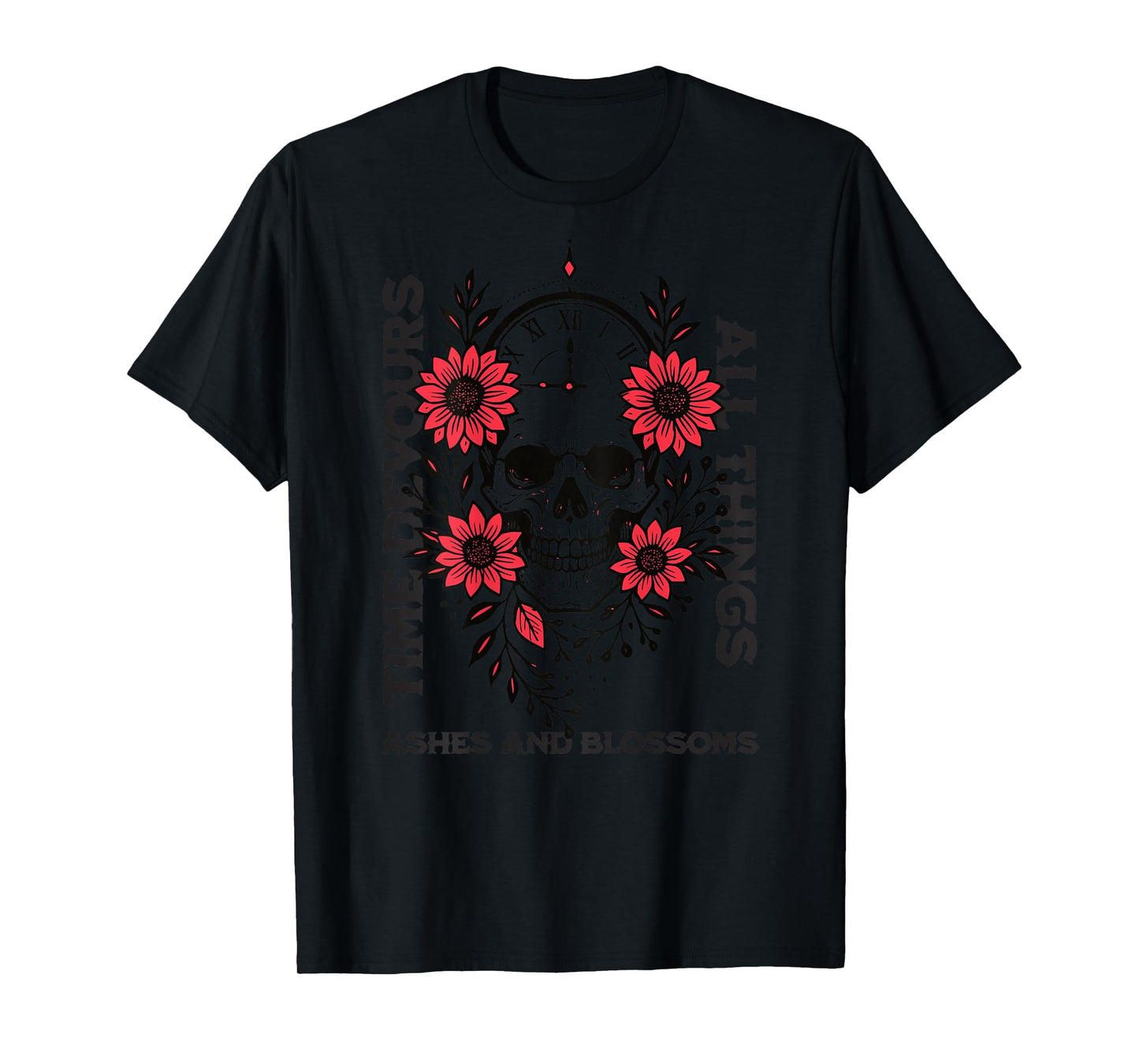 Time Devours All Things Gothic Skull Clock Tattoo Red Floral T-Shirt