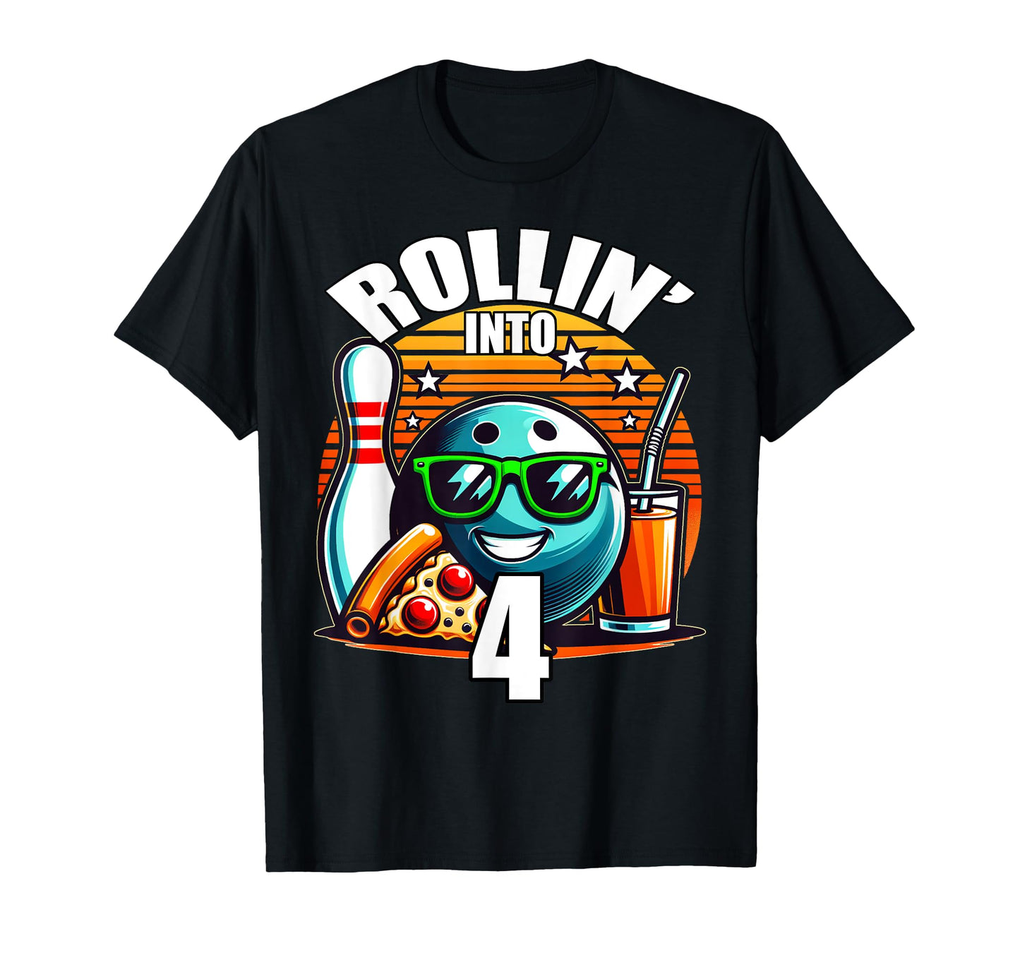 Rollin into 4 Bowling Birthday Party 4th Birthday Retro Kids T-Shirt