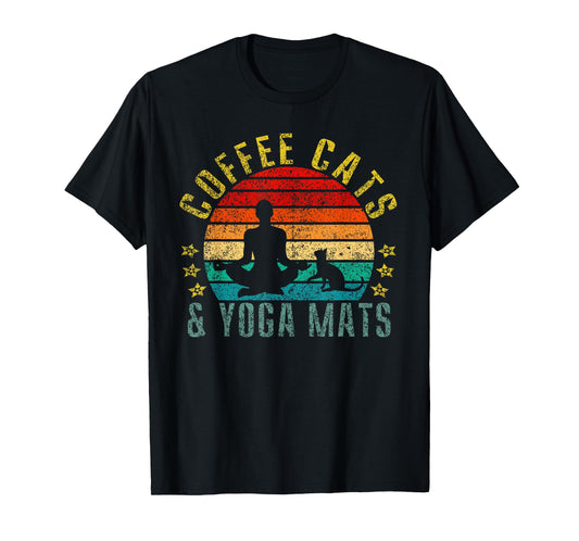 Coffee, Cats & Yoga Mats Funny Retro T-Shirt