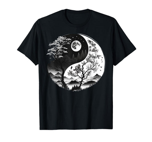 Black and White Yin Yang Symbol on Nature Taijitu Yin Yang T-Shirt