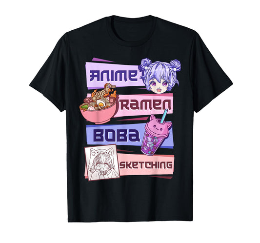 Anime Girl Ramen Boba Tea Bubble Tea Sketching T-Shirt