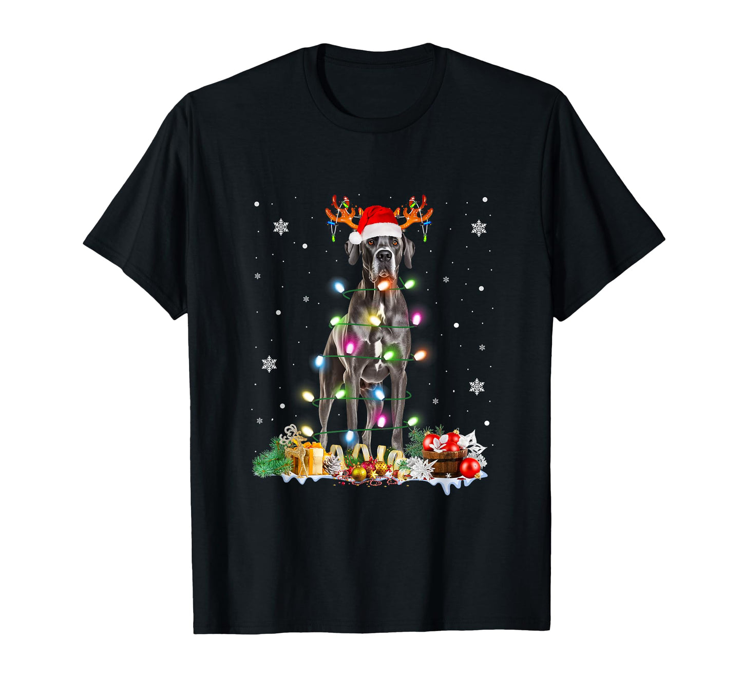 Great Dane Christmas Santa Hat Fairy Lights Pajama Dog Lover Men Women Kids T-Shirt