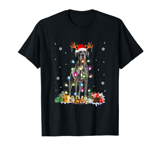 Great Dane Christmas Santa Hat Fairy Lights Pajama Dog Lover Men Women Kids T-Shirt