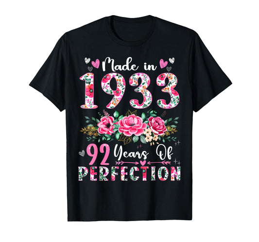 92 Year Old Made In 1933 Floral 92th Birthday Women T-Shirt