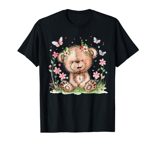 Cute Teddy Bear With Flowers I Kids Teddy T-Shirt