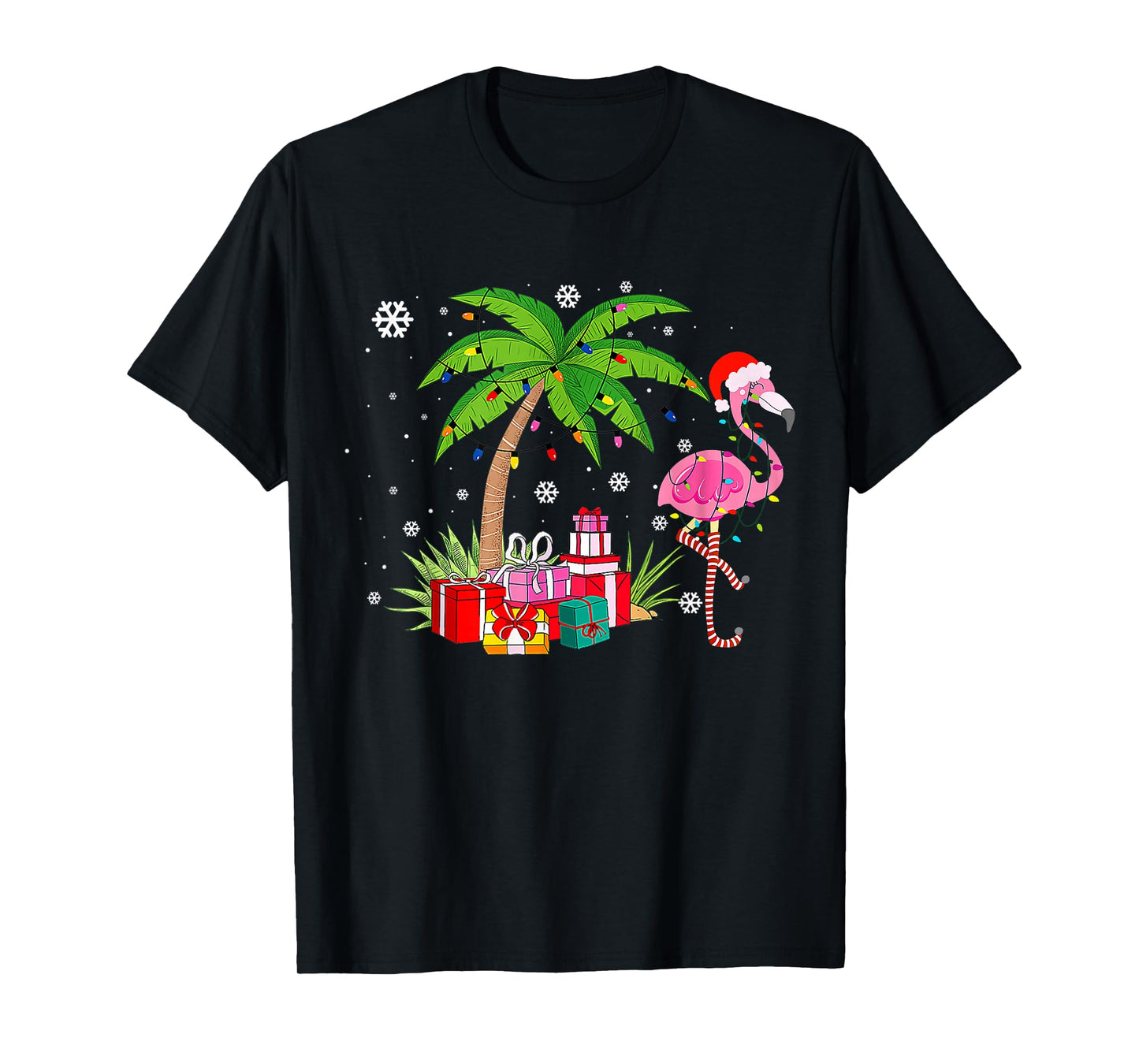 Pink Flamingo Christmas Palm Tree Tropical Xmas Funny T-Shirt