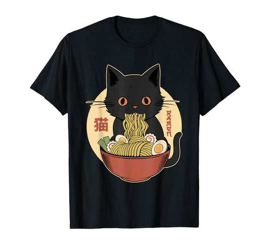 Cat Ramen Funny Graphic Tees Japanese Kawaii Cat Anime T-Shirt
