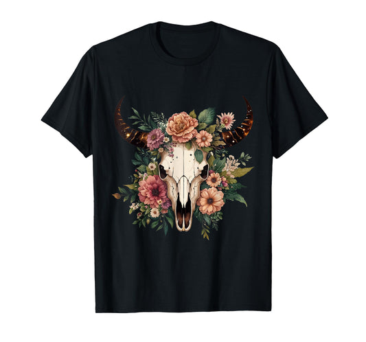 Boho Cow Bull Skull Flowers Wild west Western Cowgirl Texans T-Shirt