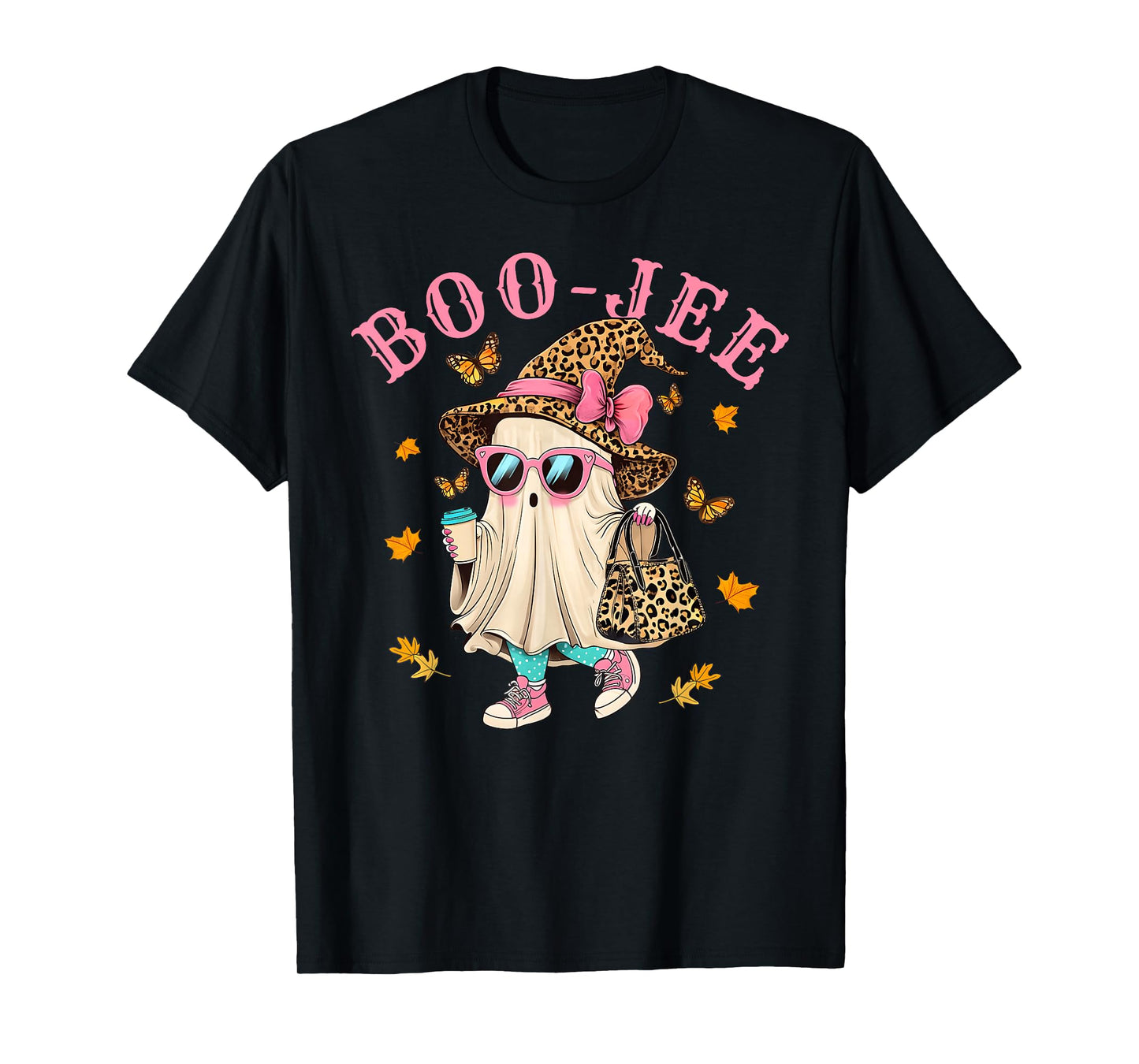Cute Boo Jee Leopard Ghost Halloween Coffee Women Girl T-Shirt