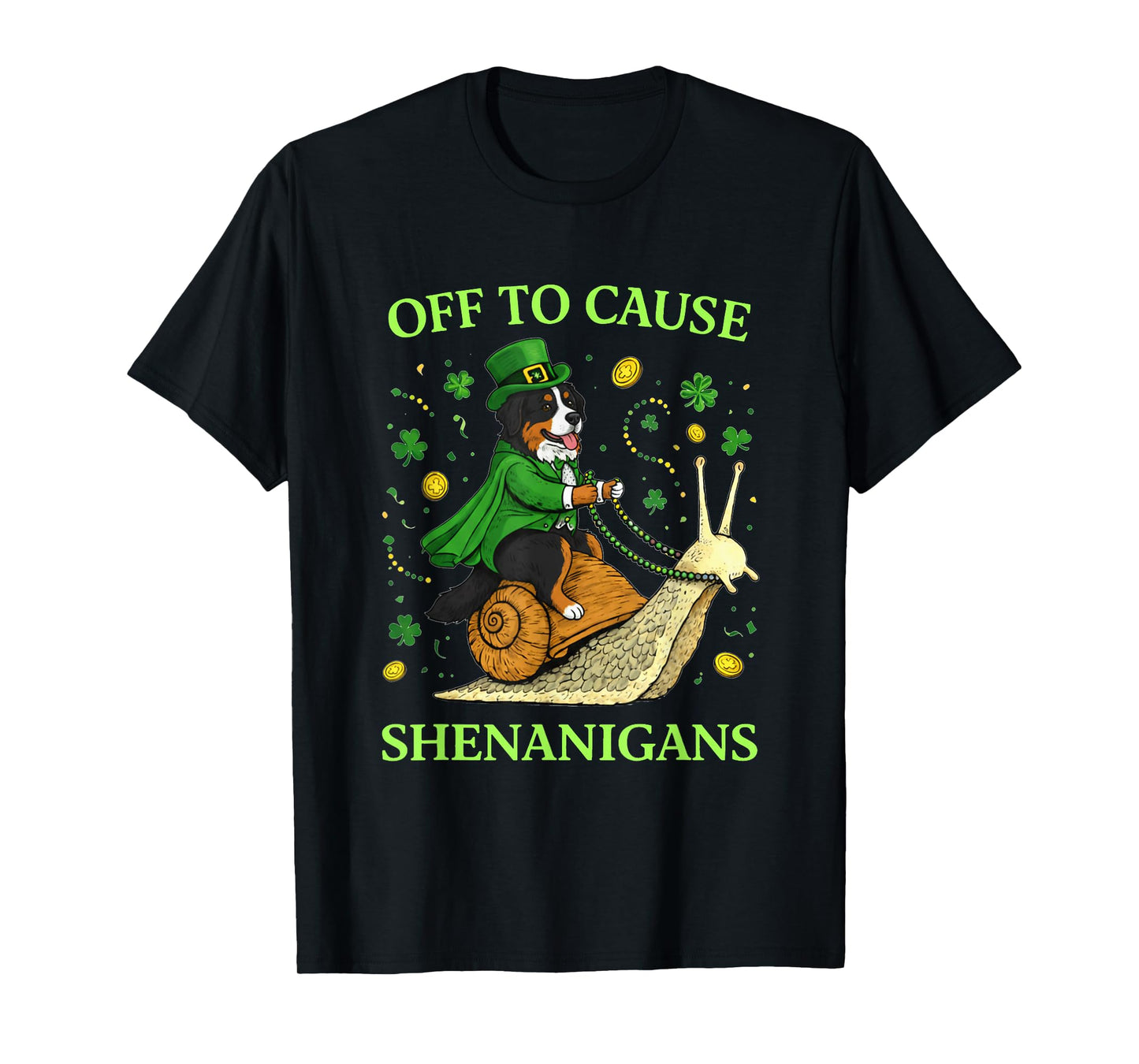 St Patricks Day Bernese Mountain Dog Riding Snail Shenanigan T-Shirt