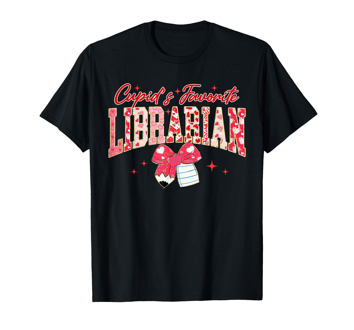 Groovy Cupid's Favorite Librarian Pencil Bow Valentines Day T-Shirt