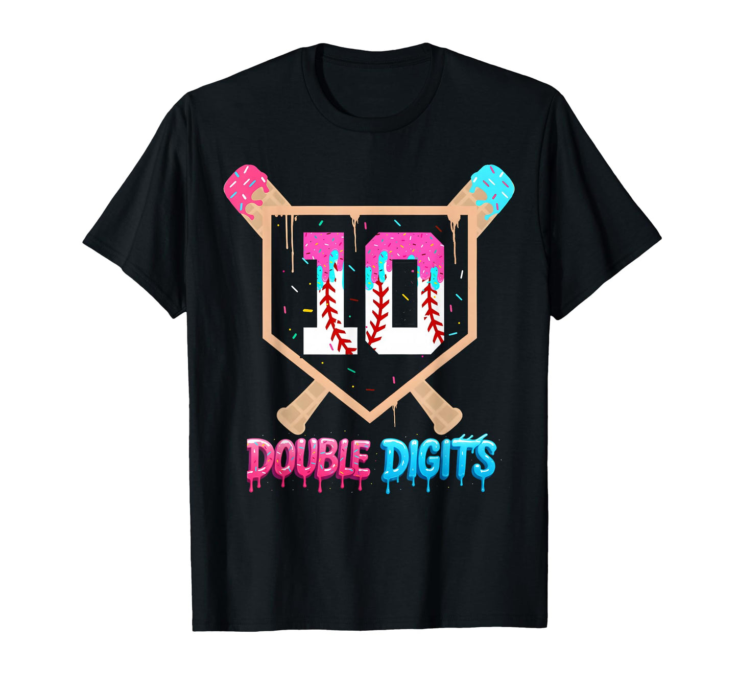 Baseball 10 Year Old Ice Cream Drip 10th Bday Double Digits T-Shirt