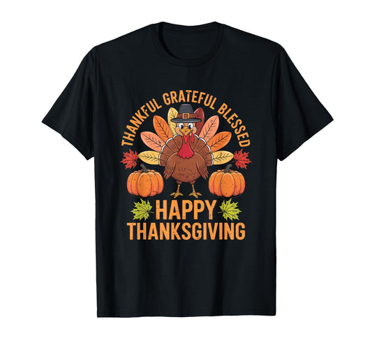 Thankful Grateful Blessed Turkey Women Happy Thanksgiving T-Shirt