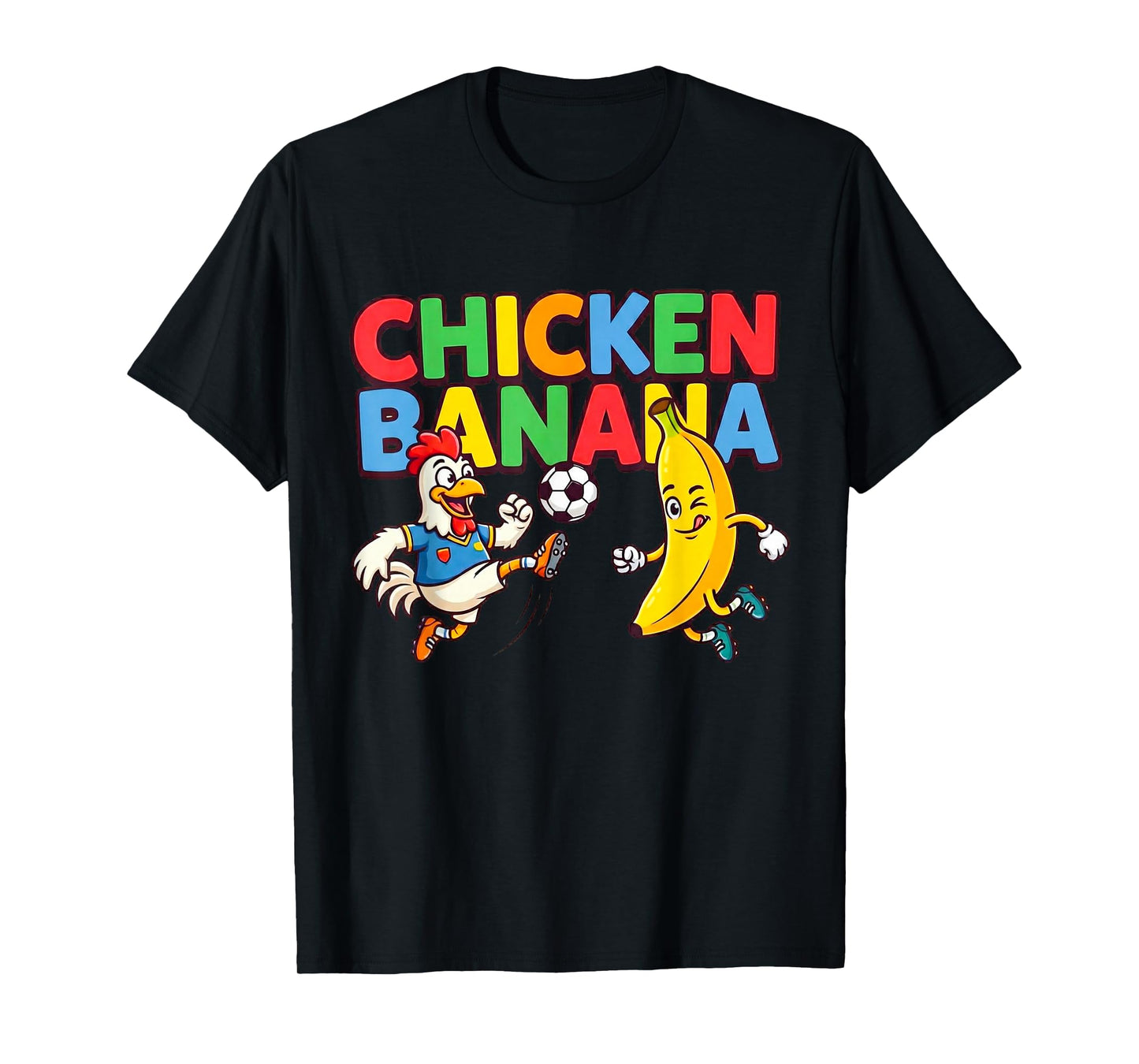 Funny Cartoon Chicken Banana Soccer Player Ball Graphic Tee T-Shirt