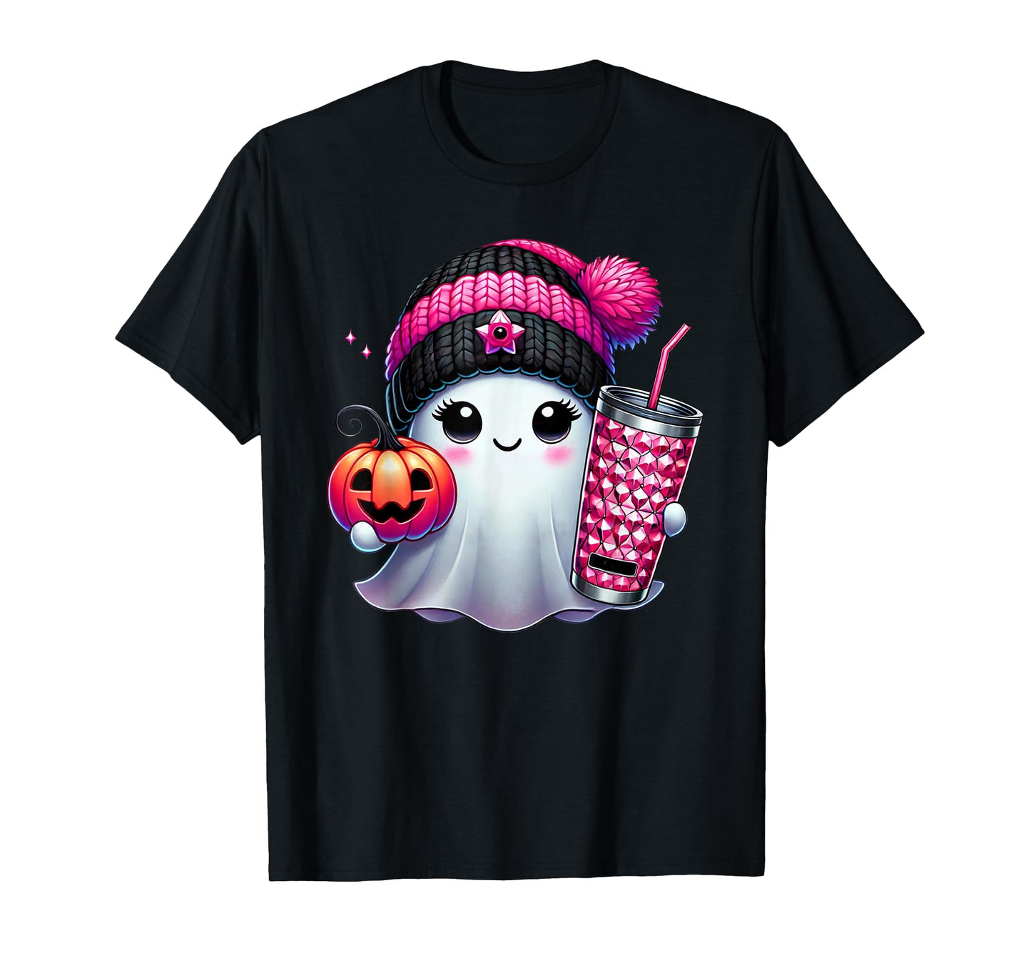 Cute Ghost Drinking Coffee Halloween Ghost Ice Coffee Womens T-Shirt