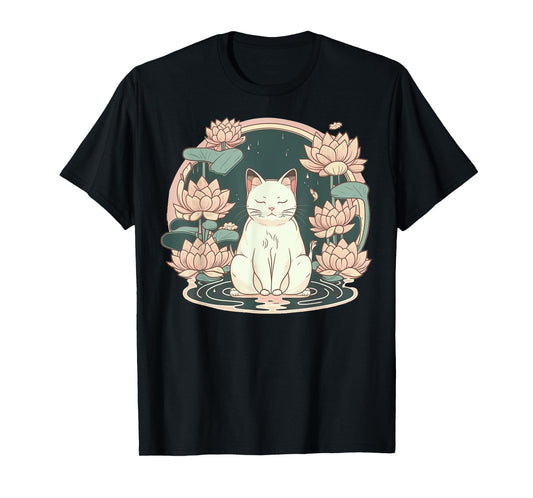 Yoga Meditation Spiritual Zen Lotus Cat on Lotus Flower T-Shirt