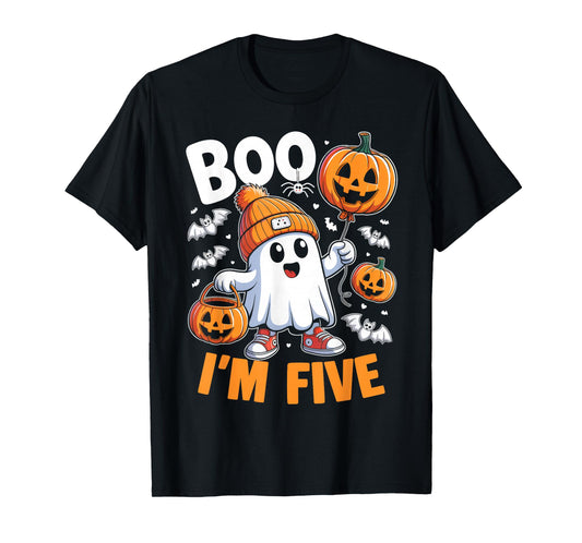 Boo I'm Five Ghost 5th Birthday Halloween Boy Kids Groovy T-Shirt