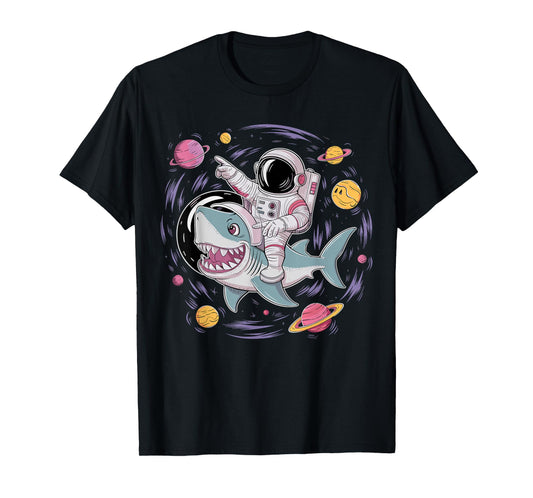 Astronaut Riding Shark Birthday Party in Outer Space T-Shirt
