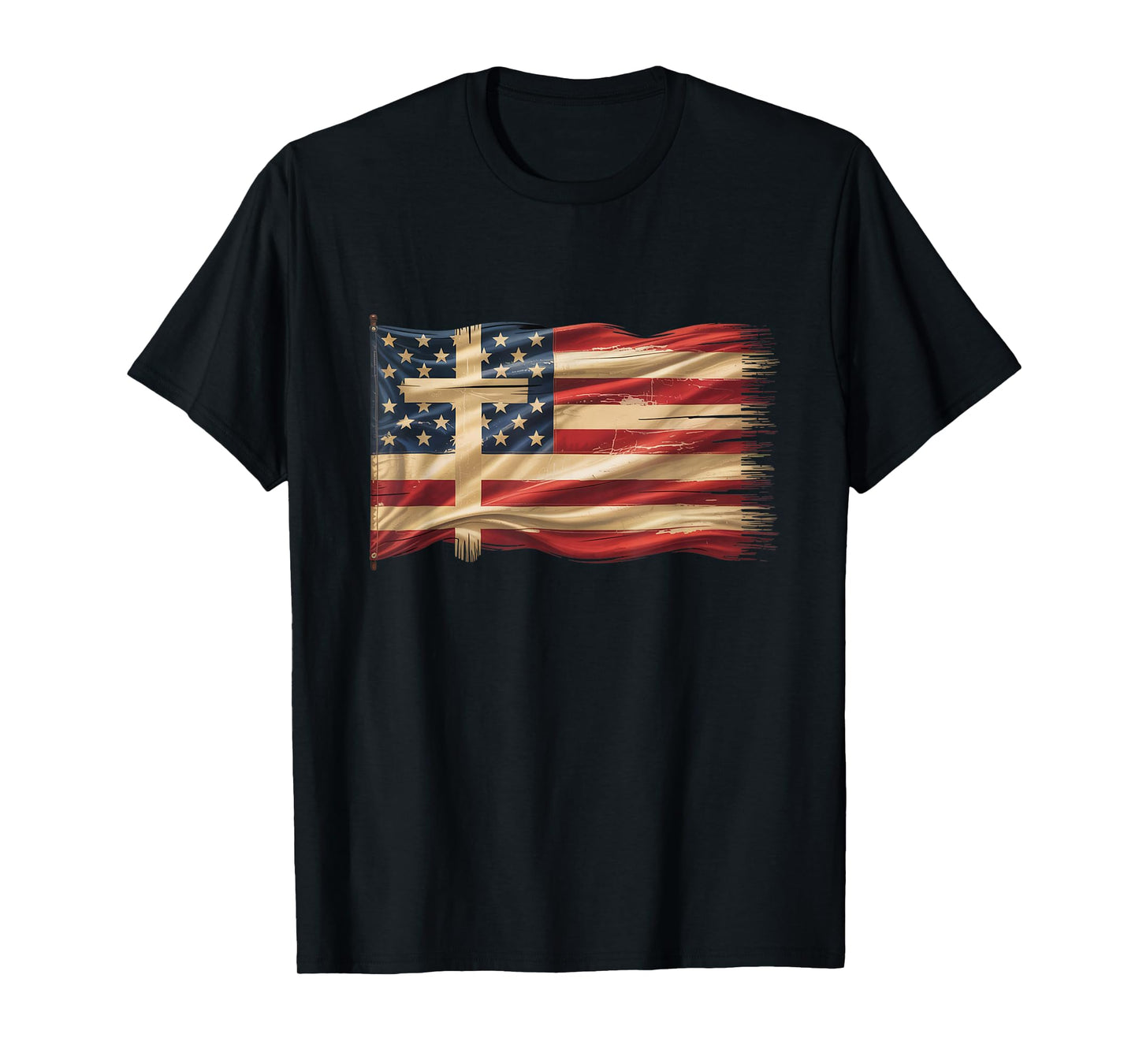 Distressed USA Flag with Christian Cross Faith Art T-Shirt