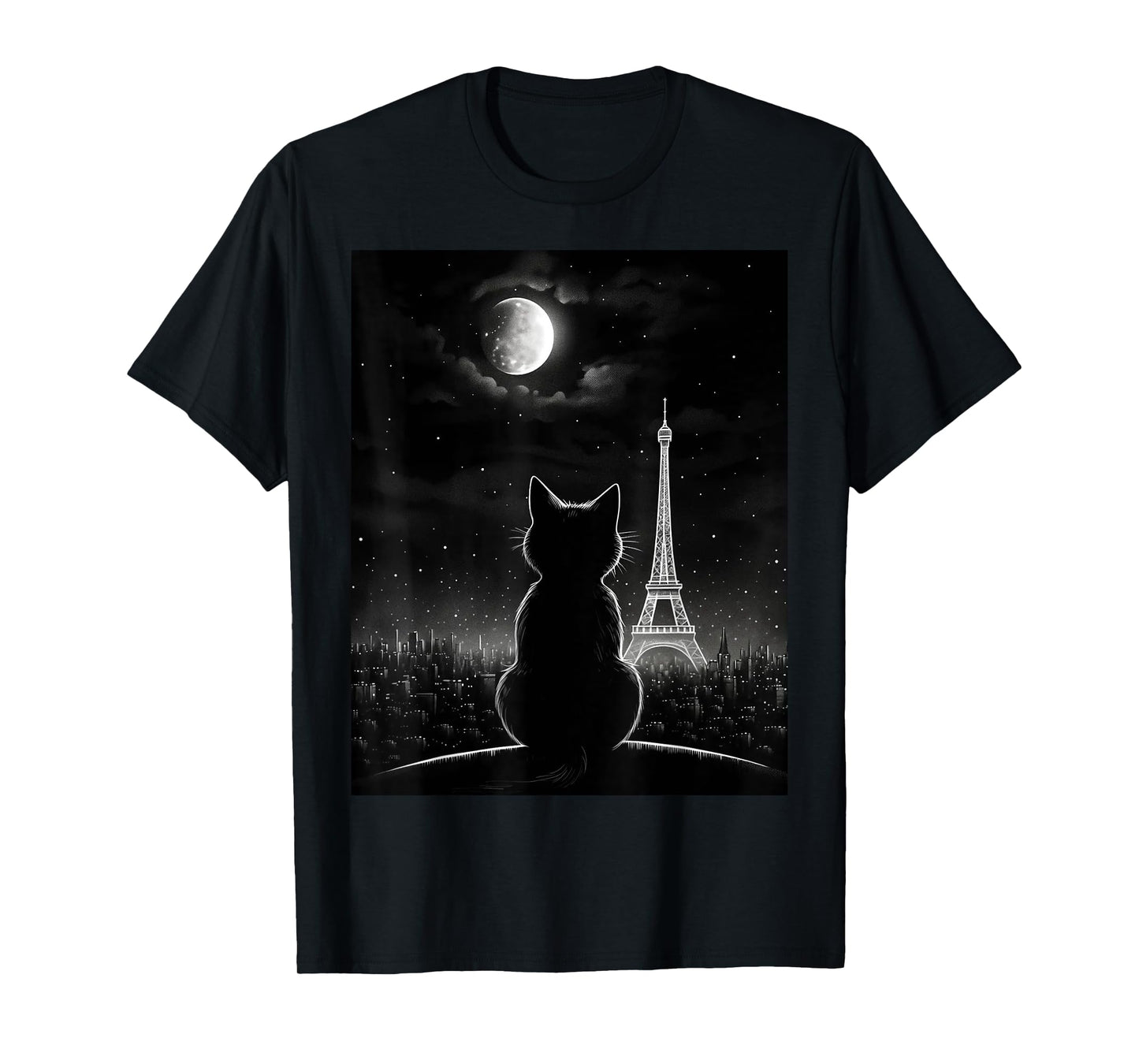 Aesthetic Black Cat Star Night Eiffel Tower In Paris T-Shirt