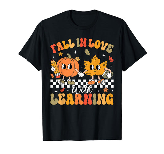 Retro Fall In Love With Learning Autumn Pumpkin Teacher T-Shirt