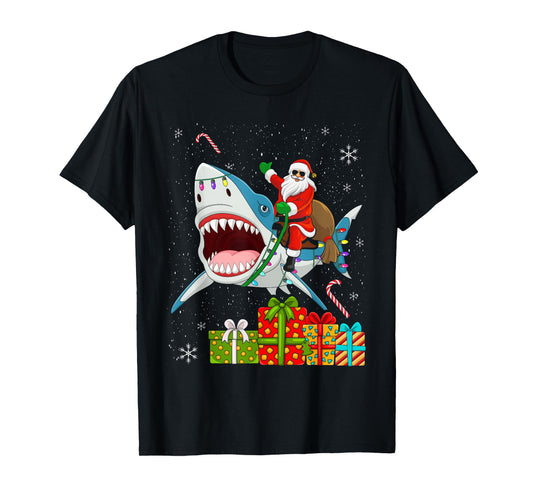 Santa Riding Shark Christmas Pajama Cute Ocean Animal X-Mas T-Shirt