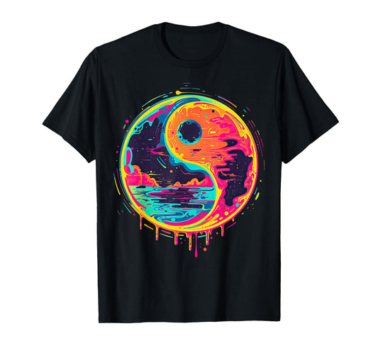 Trippy Yin Yang Zen Cosmic Yoga Design Vaporwave Psychedelic Rave Art Unisex-Adults T-Shirt - Black - Small - Short Sleeve