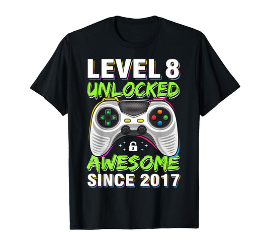 Level 8 Unlocked Awesome Since 2017 8th Birthday Gaming Boys T-Shirt