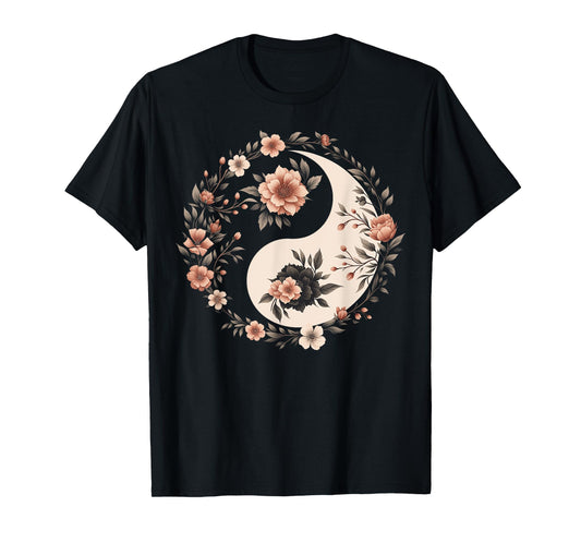Cool Yin and Yang Symbol Floral Art Style Men Women T-Shirt
