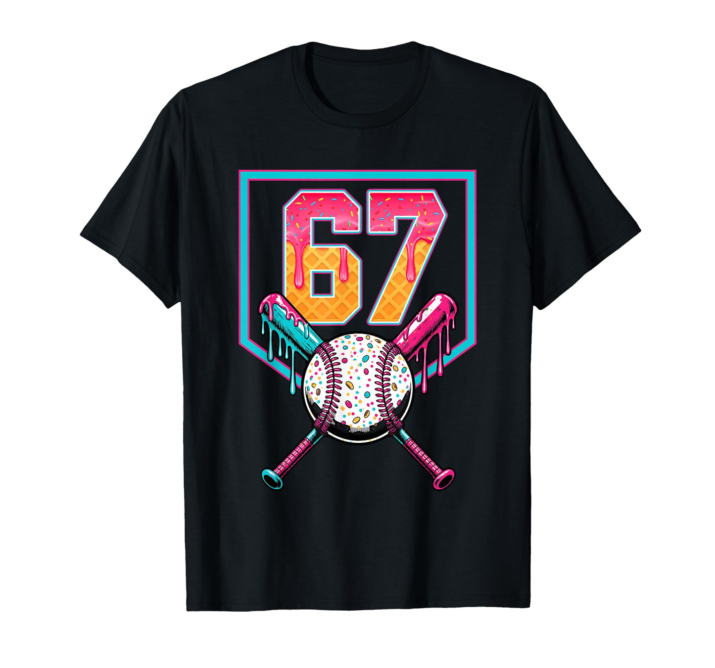 Baseball Ice Cream Drip Number 67 Player 67th Birthday Men T-Shirt