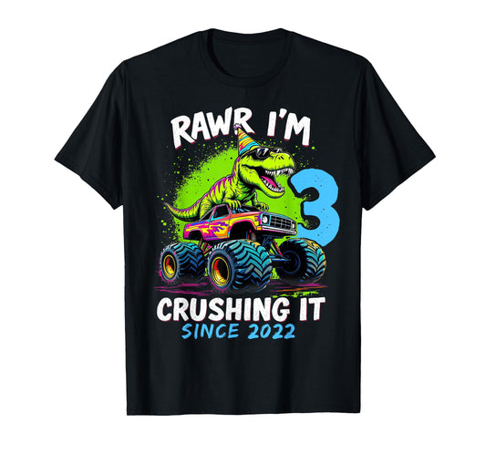 3rd Birthday Monster Truck Dinosaur Party Boys Rawr I'm 3 T-Shirt