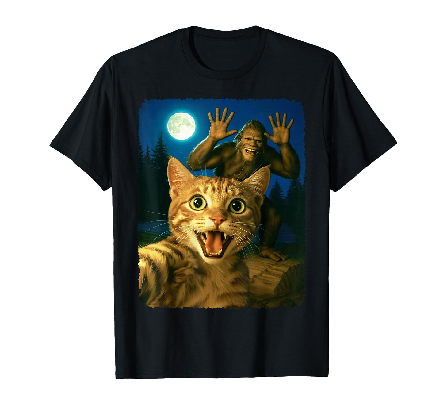 Scared Cat Selfie with Bigfoot Funny Sasquatch Cat Meme Cute T-Shirt