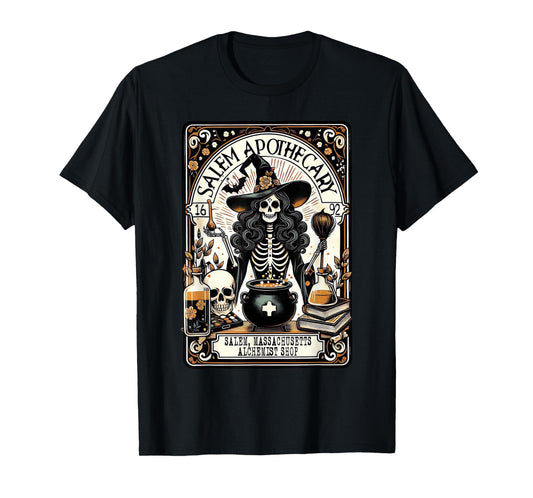 Vintage Salem Apothecary Skeleton Witch Spooky Halloween T-Shirt