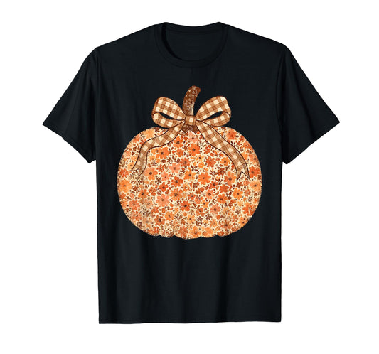 Coquette Bow Pumpkin Wildflower Thanksgiving Autumn Fall T-Shirt