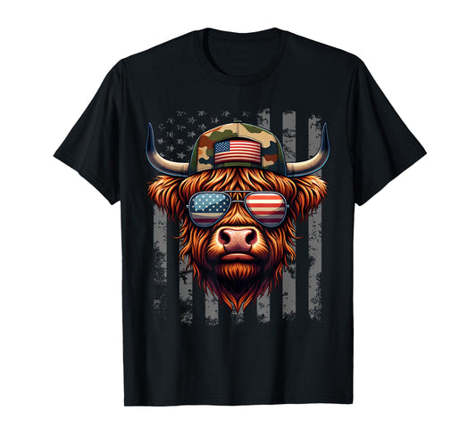 Highland Cow 4th July USA Flag Dad Father America Men Boys T-Shirt