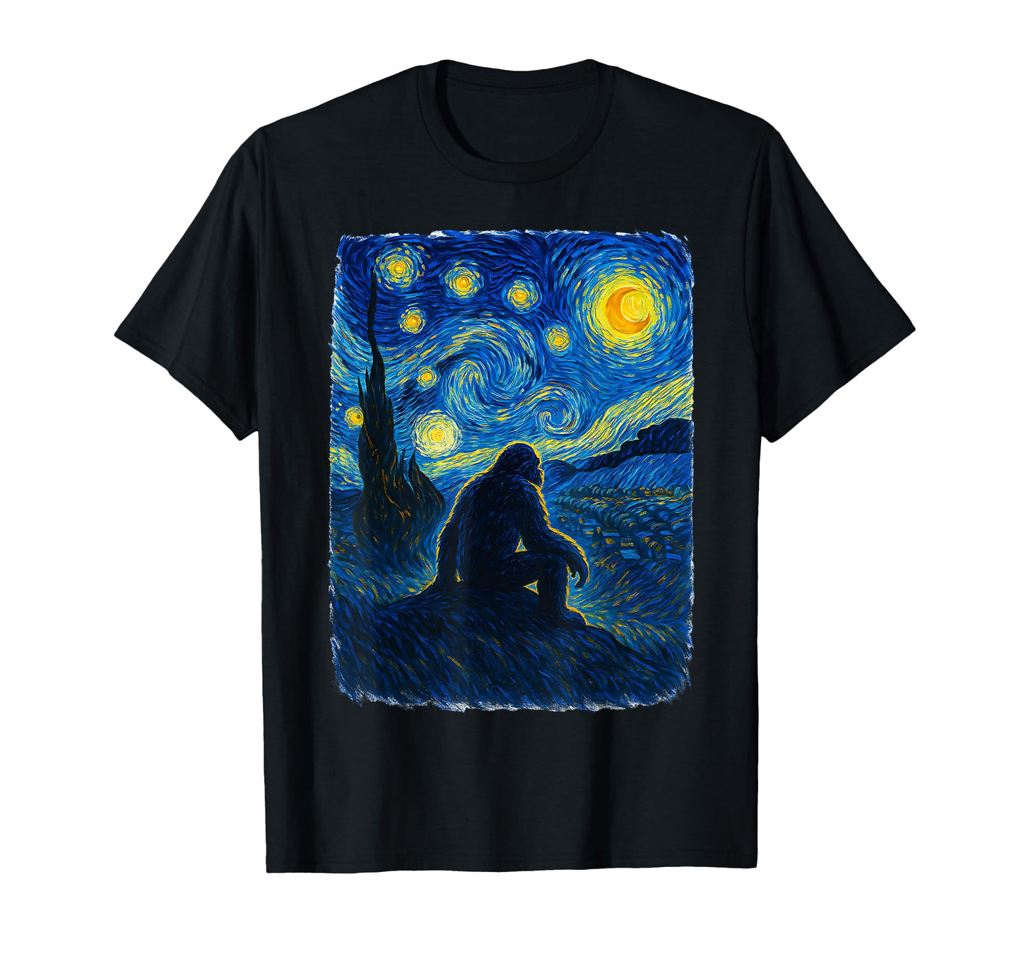Bigfoot Starry Night Sasquatch Van Gogh Sky Painting Style T-Shirt