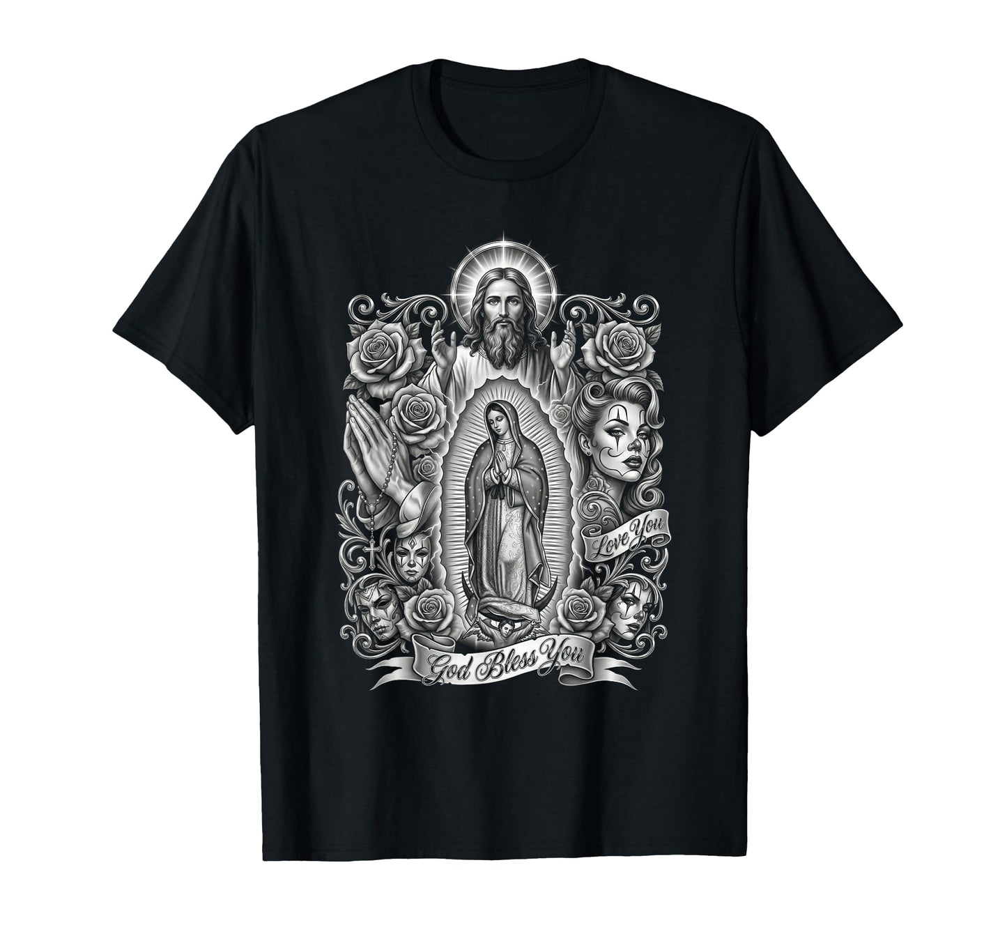 Chicano Style Payasa Jesus Virgin Mary Rosary Religious Art T-Shirt
