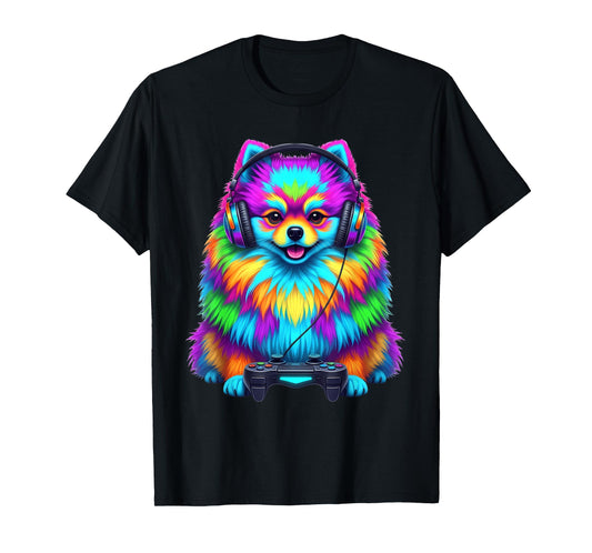 Colorful Pomeranian Video Game Gamer Dog Zoo Design T-Shirt
