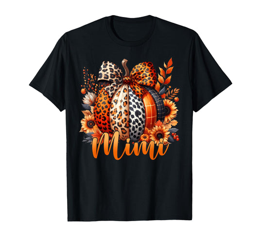 Mimi Thanksgiving Leopard Pumpkin Sunflower Coquette Bow T-Shirt