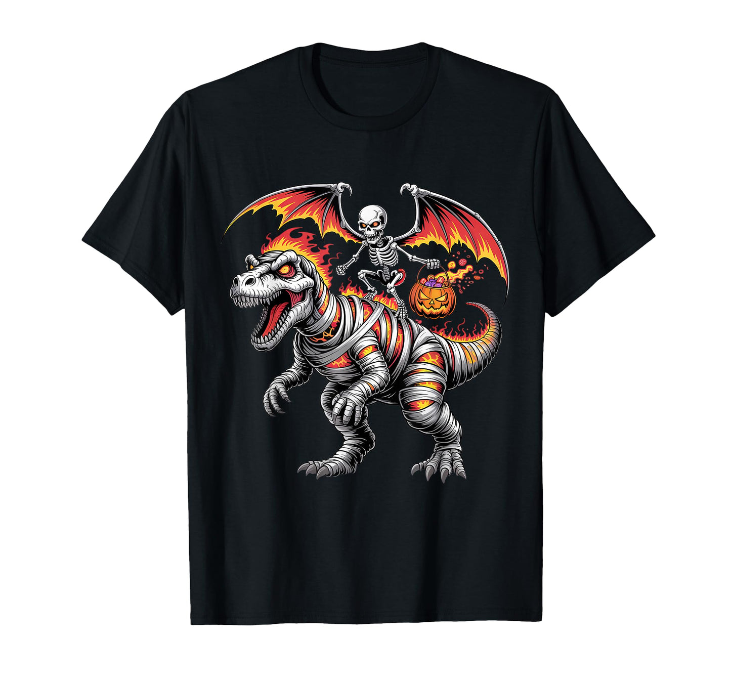 Scary Skeleton Riding Dinosaur T-Rex Halloween Pumpkin T-Shirt