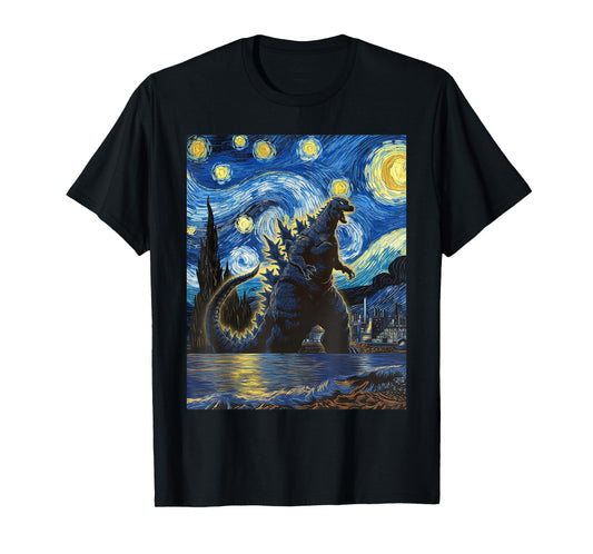 Vintage Japanese Monster Kaiju in Van Gogh Starry Night Art T-Shirt