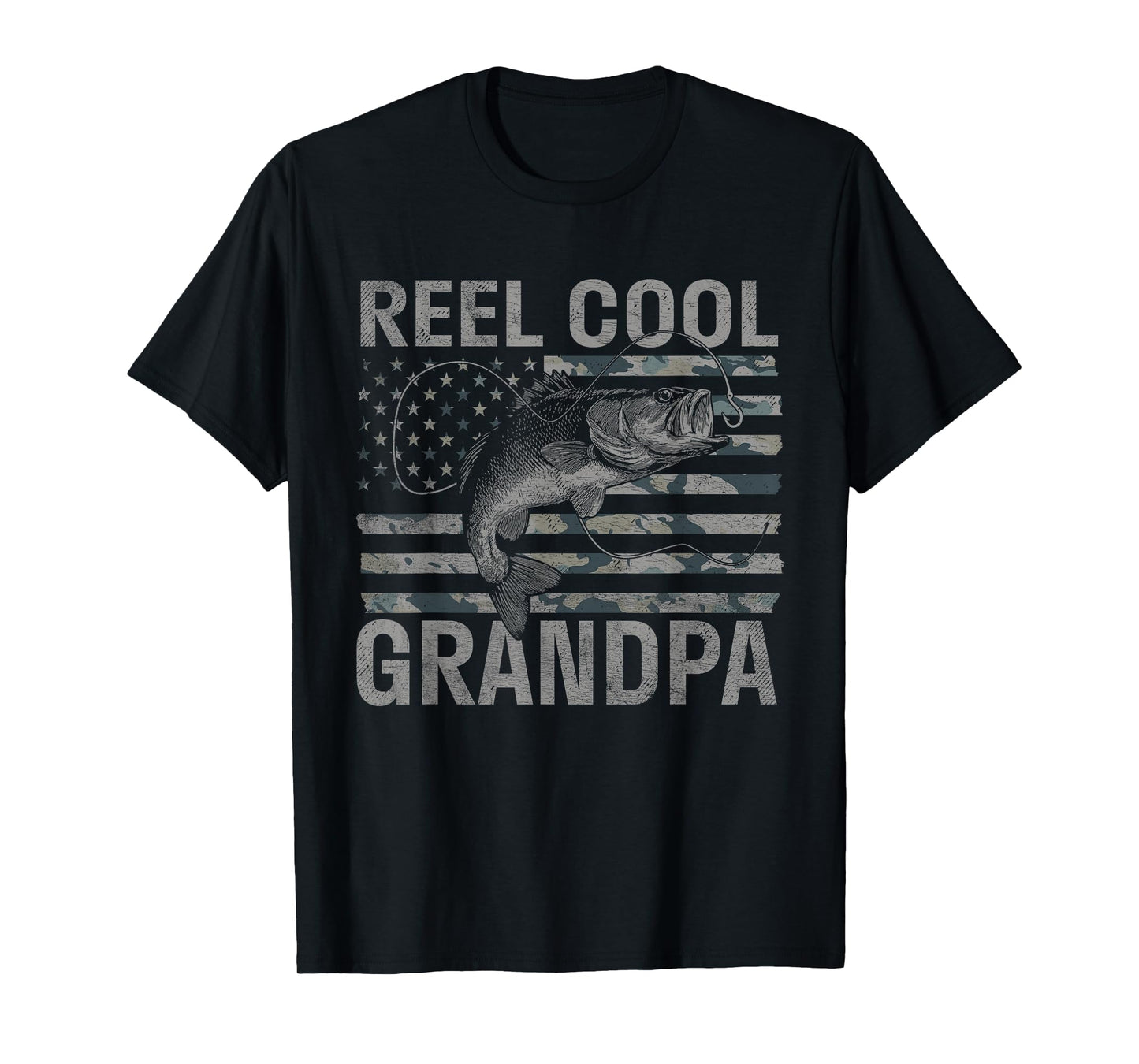 Reel Cool Grandpa Camo American Flag Bass Fishing T-Shirt